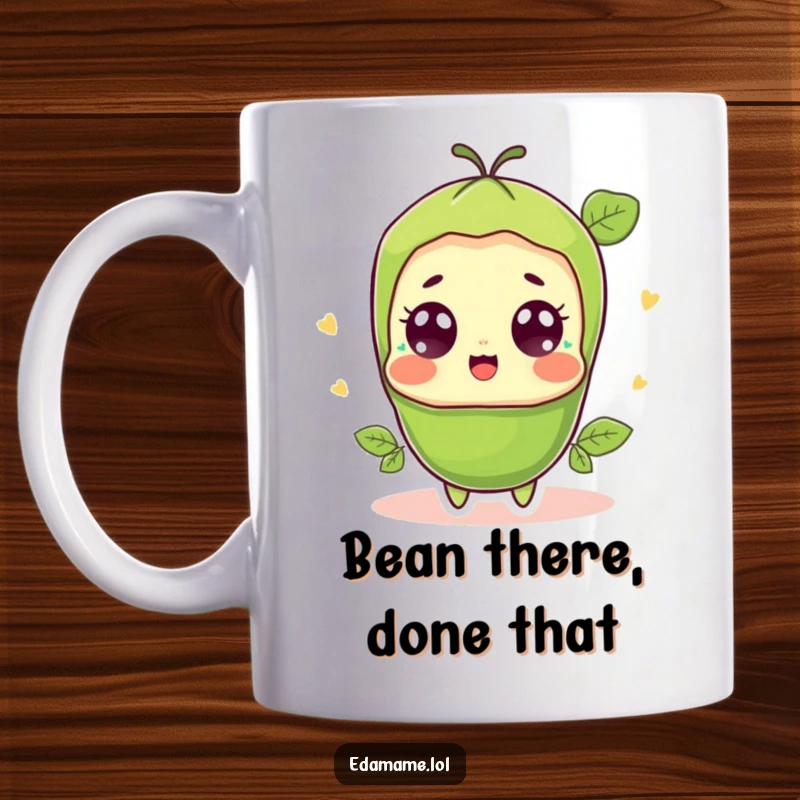 Funny surprise edamame pod mug, character with wide, shocked eyes and a happy expression, perfect for coffee lovers.