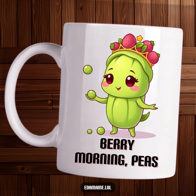 Funny mug featuring an edamame pod adorned with a berry tiara, expertly juggling tiny green peas with a look of concentration and fun.
