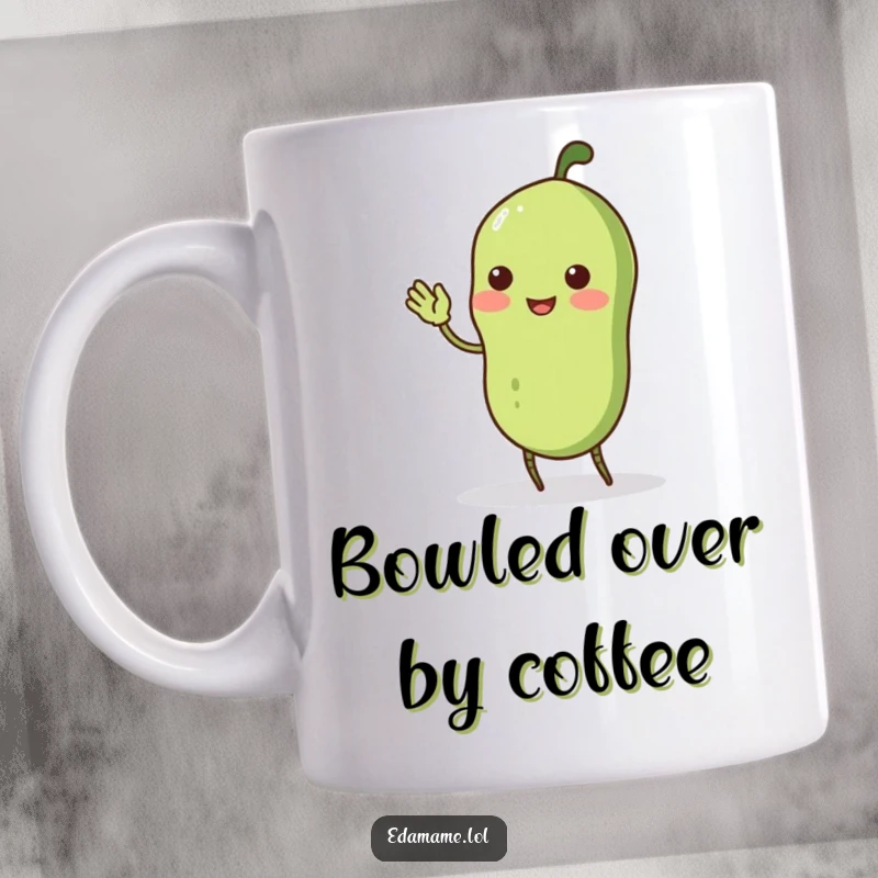 Funny wobbly edamame pod with stick legs doing a comical curtsey, featured on a mug, showcasing delightful awkwardness.