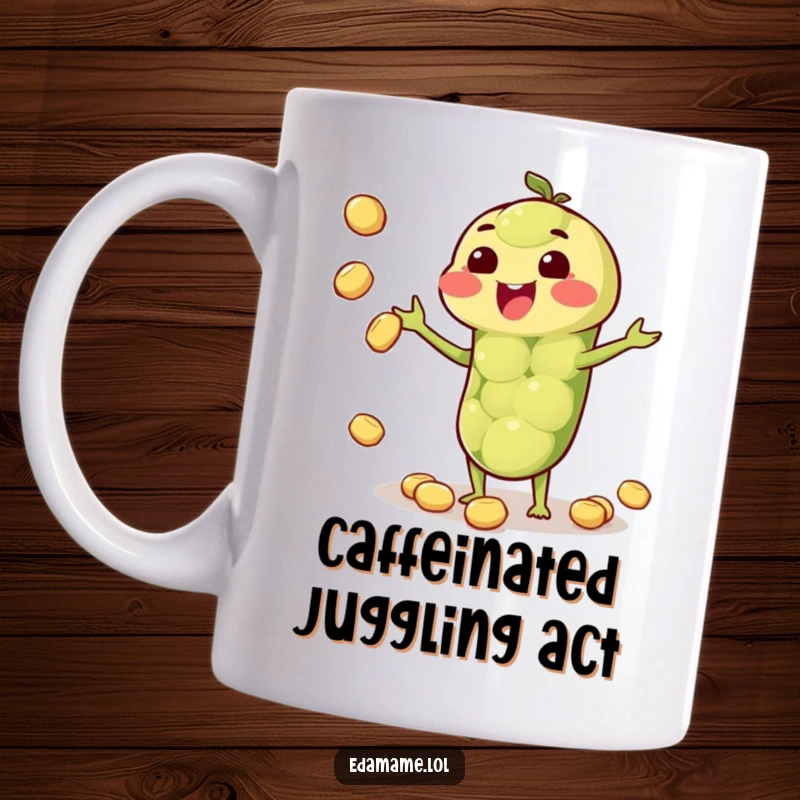 Funny mug featuring a happy anthropomorphic edamame pod skillfully juggling smaller beans with a cheerful expression.