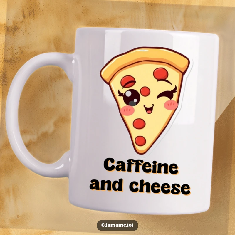 Funny Pizza Slice Mug with pepperoni eyes winking, a cheerful and delicious design for pizza enthusiasts.