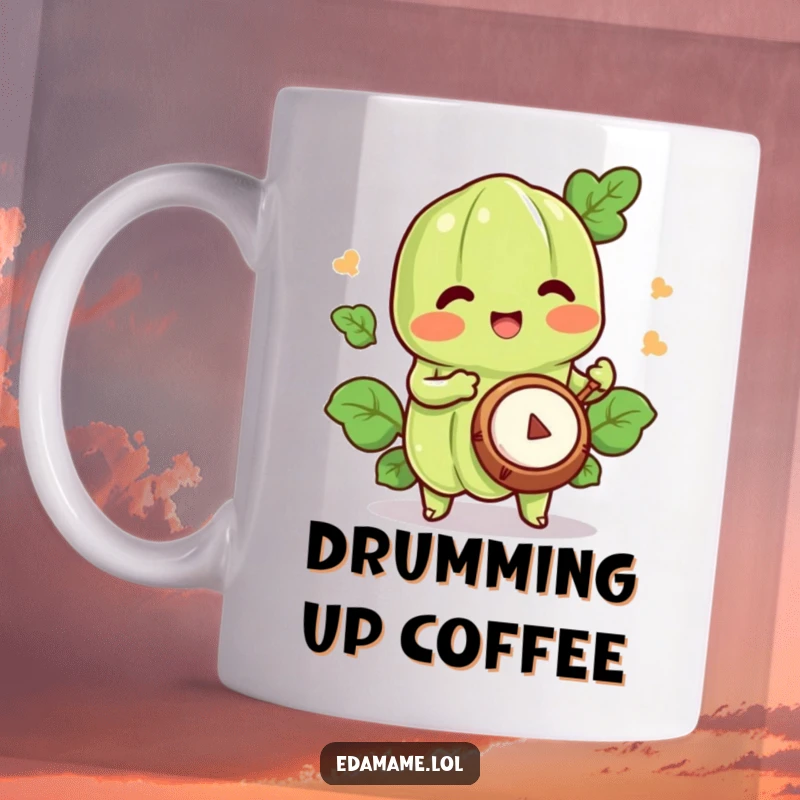 Funny edamame mug featuring a happy character joyfully playing a tiny drum, radiating cheerful energy.