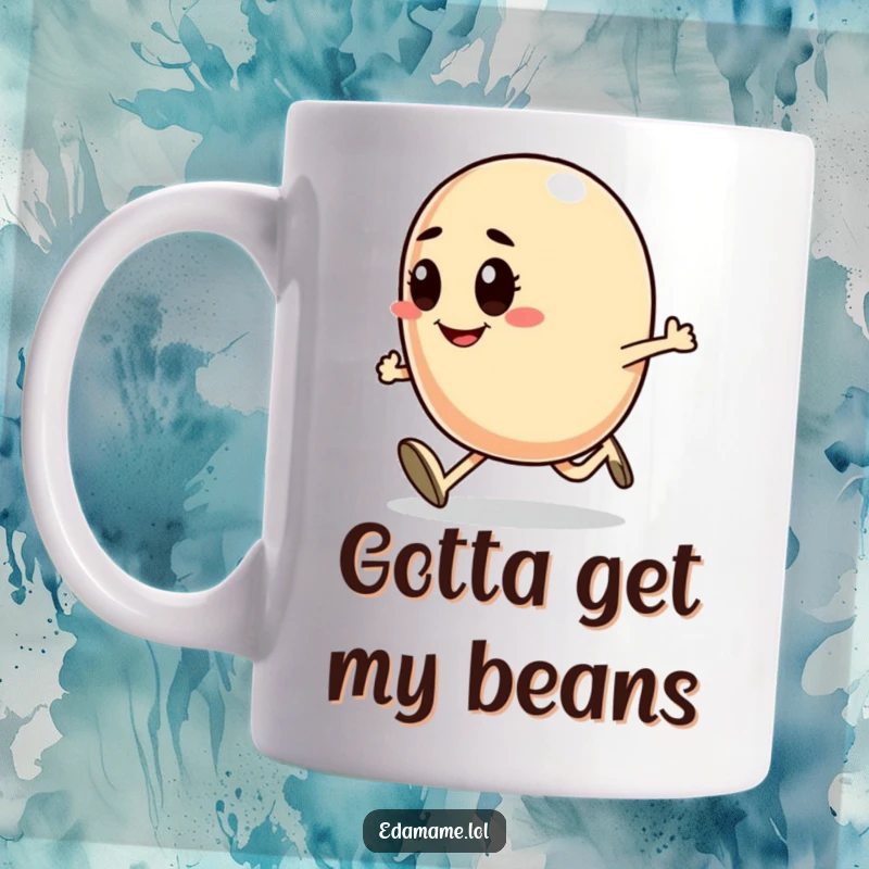 Funny mug showcasing a smiling bean character with a determined expression, actively running forward with great enthusiasm.