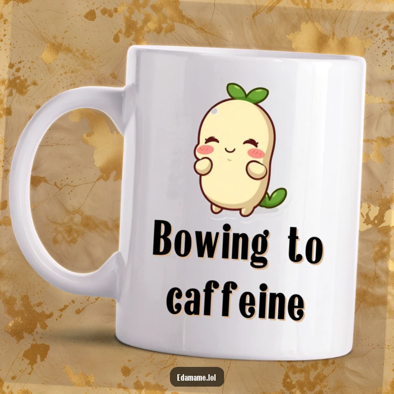 Funny smiling edamame bean doing a respectful bow on a mug. Charming and humorous, excellent funny gift for polite people.