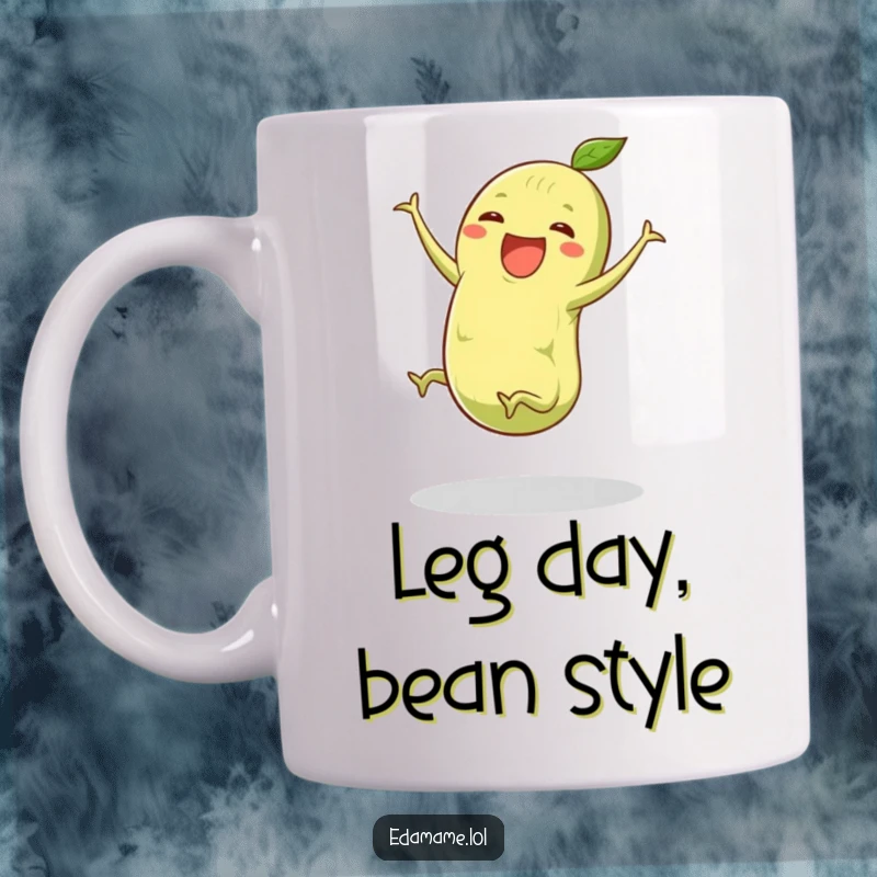Funny edamame mug featuring a green pod with tiny legs performing an enthusiastic cartwheel, celebrating playful energy and veggie humor.