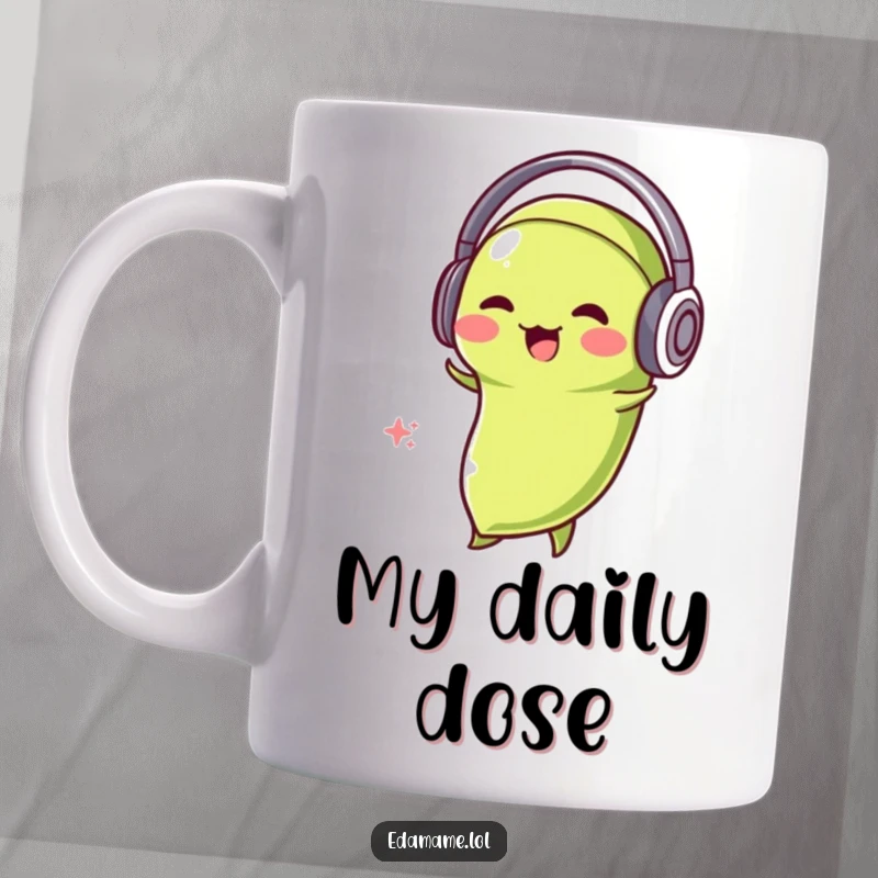 Funny Edamame DJ Mug featuring a green bean with headphones, energetically bobbing its head to the music.
