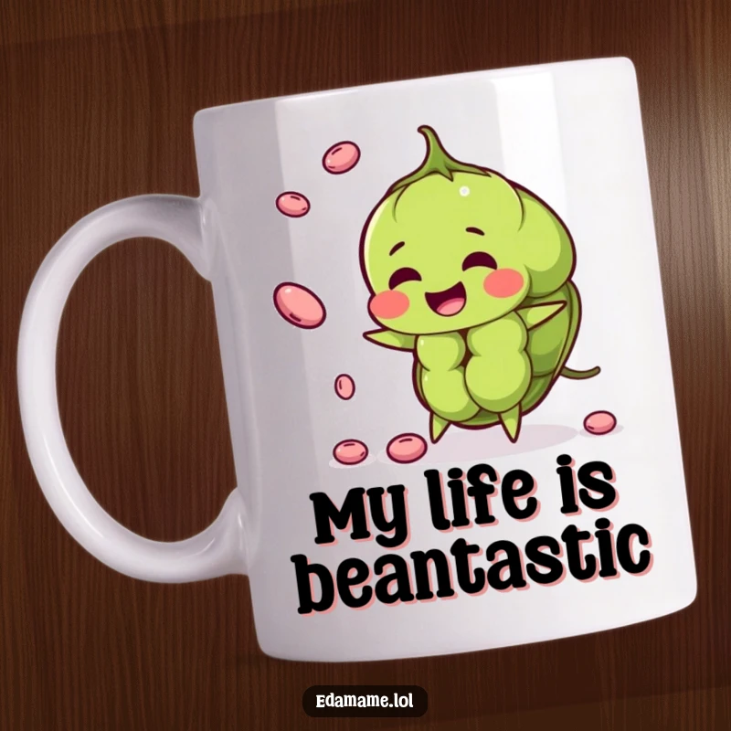 Funny edamame pod mug artfully juggling smaller beans with a joyful expression, perfect for a kitchen or desk.