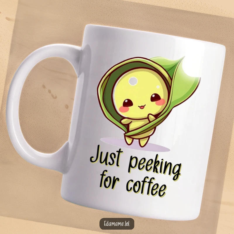 Funny Mug: A playful edamame pod character peeks slyly from behind a large green leaf, full of innocent mischief.