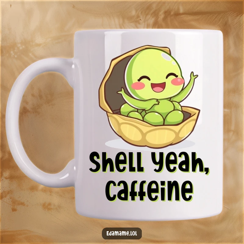 Funny edamame mug featuring a giggling character leaping gleefully out of its green shell, radiating pure joy.