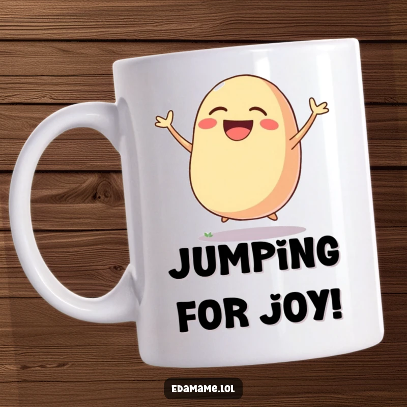 Funny mug featuring a cheerful, anthropomorphic bean pod mid-jump, laughing heartily with pure joy and excitement.
