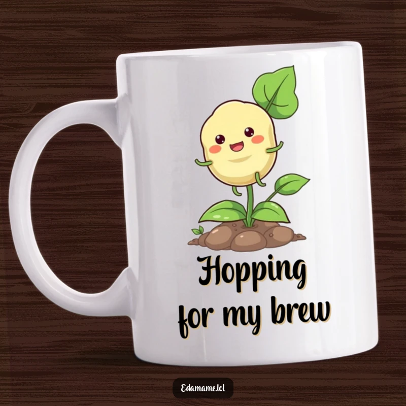 Funny pod mug with a happy plant character sporting tiny legs, joyfully hopping on a green plant.