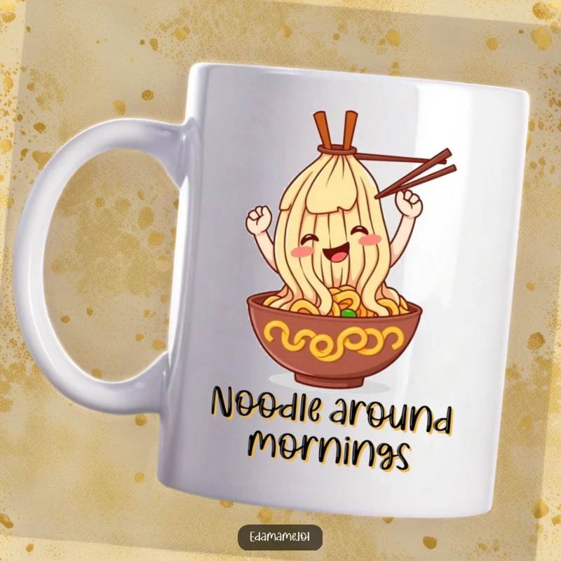 Funny ramen noodle mug, a smiling noodle character looping with chopsticks, playful and food-themed.