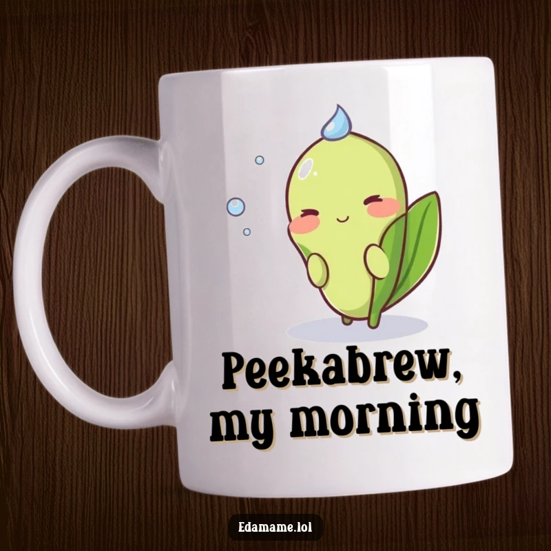 Funny Shy Edamame Mug featuring a blushing green pod peeking from behind a shiny dewdrop, looking bashful.