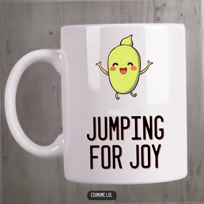 Funny mug showing a pod of smiling edamame with tiny legs, captured mid-air during a cheerful, energetic jump.