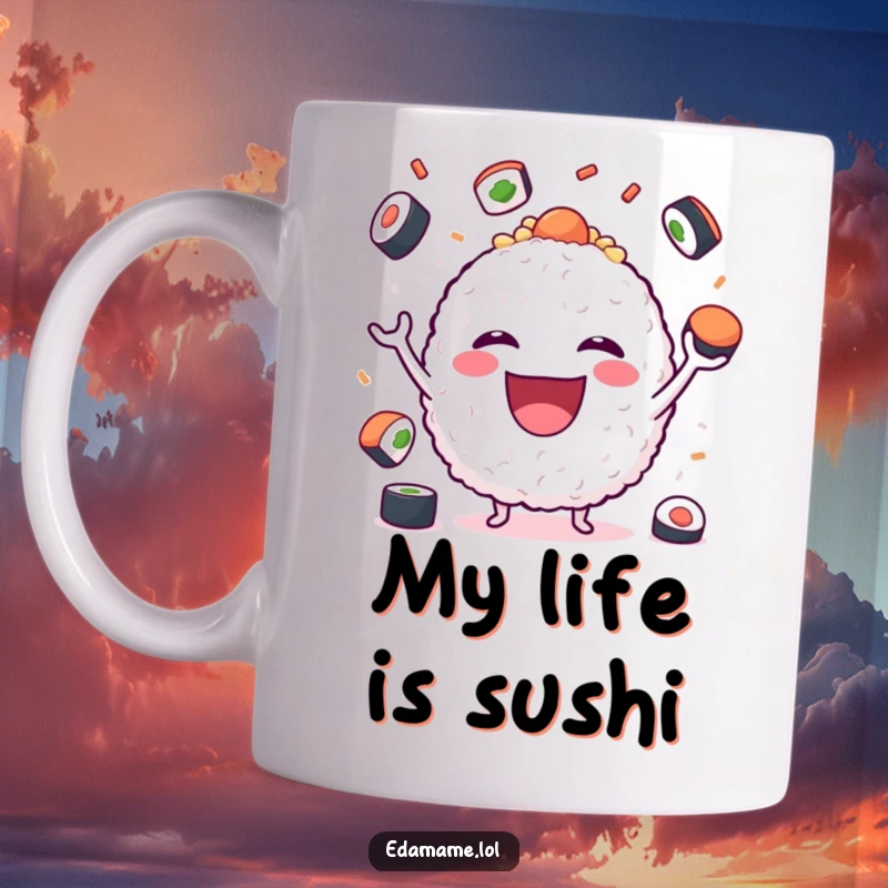 Funny Mug featuring a joyful rice ball character with a wide grin juggling mini sushi pieces, bringing a smile.