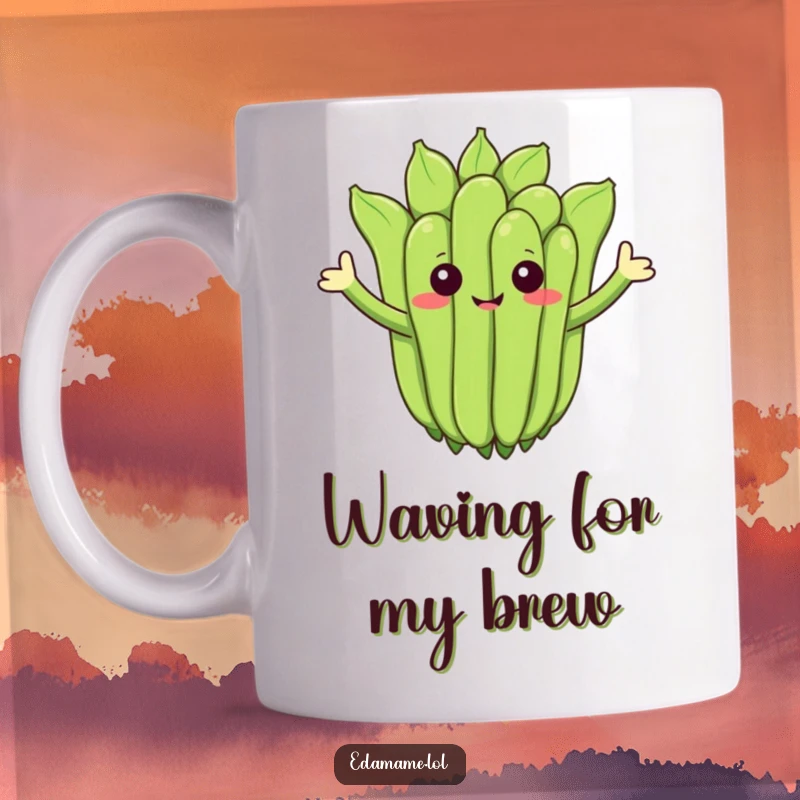 Funny mug showing a cheerful edamame cluster with arms waving hello, perfect for gifting.