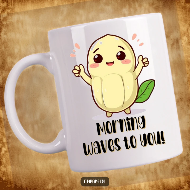 Funny cheerful edamame pod with tiny arms waving enthusiastically, featured on a mug, conveying a friendly and happy greeting.
