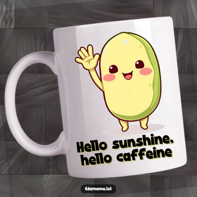 Funny mug with a beaming edamame pod character waving enthusiastically, radiating friendliness and warmth, a perfect funny gift.