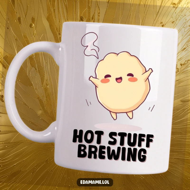 Funny mug featuring a playful gyoza character doing a cartwheel, with little puffs of steam escaping, full of dynamic energy.