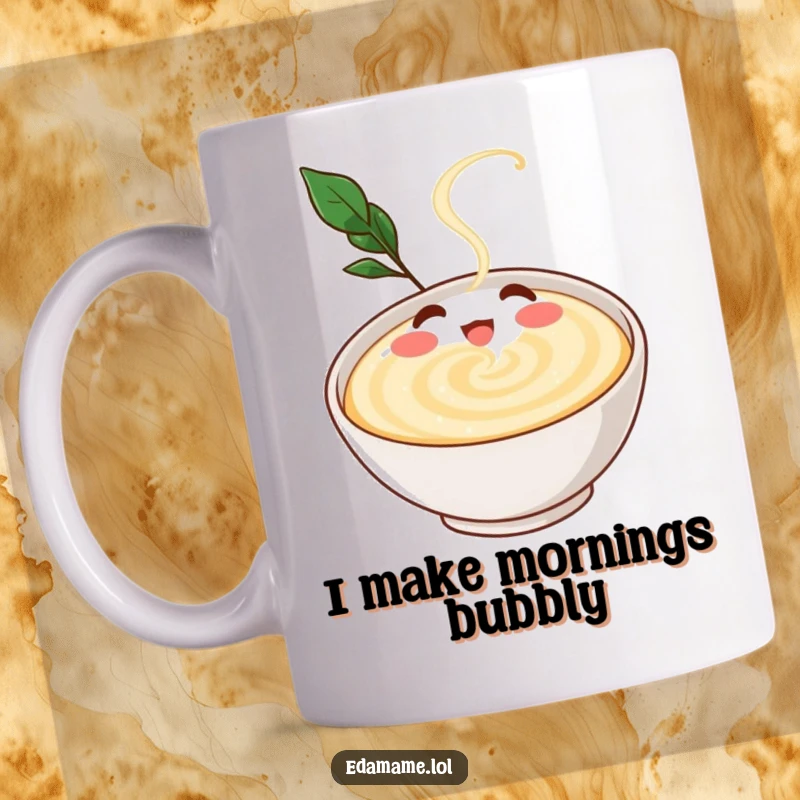 Funny mug featuring a gleeful dashi broth character happily swirling in a small bowl, evoking warmth and culinary delight.