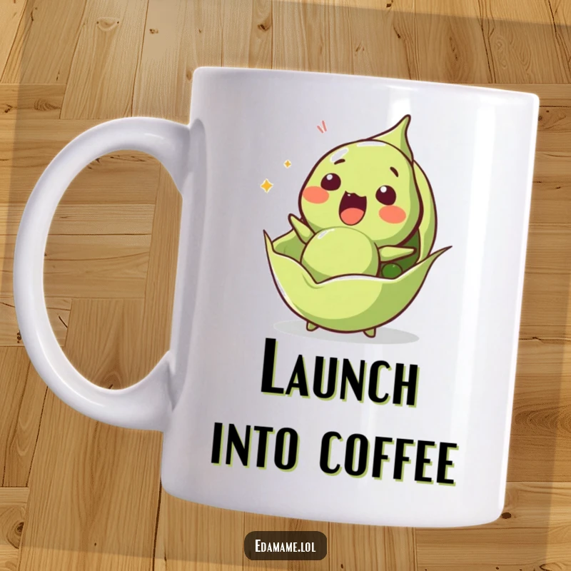 Funny edamame mug featuring a surprised character being launched from its pod, capturing a moment of shock.