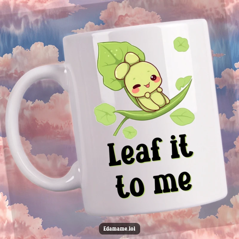 Funny mug featuring a cute edamame character cheerfully sliding down a vibrant green leaf, radiating pure joy and playful energy.