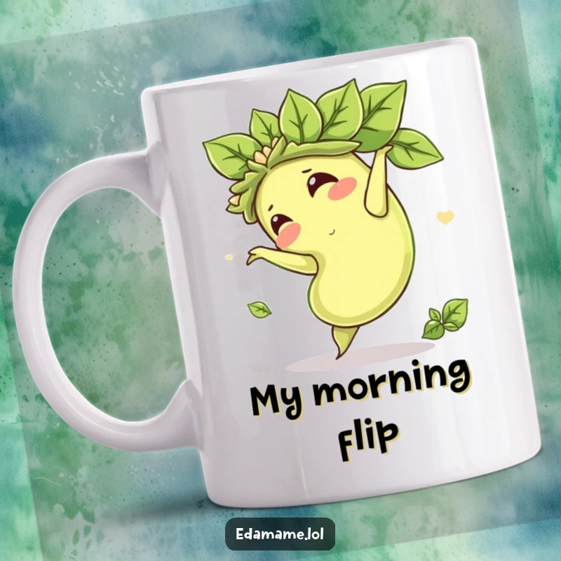 Funny mug featuring a green edamame bean with a leafy crown doing a perfect somersault, looking extremely pleased with its acrobatic skill.