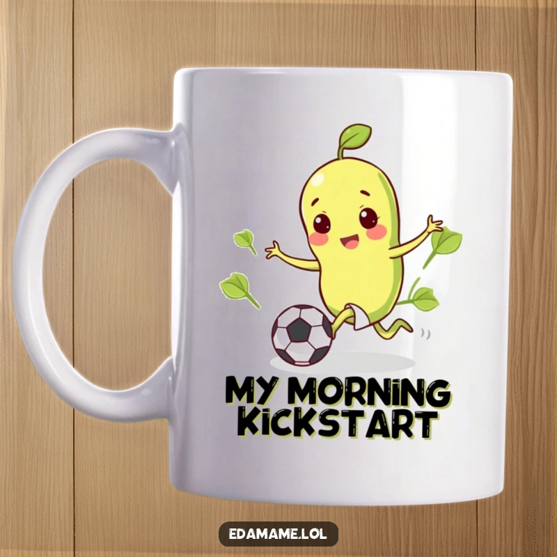 Funny mug showing a happy edamame bean cheerfully kicking a tiny soccer ball, celebrating a goal.