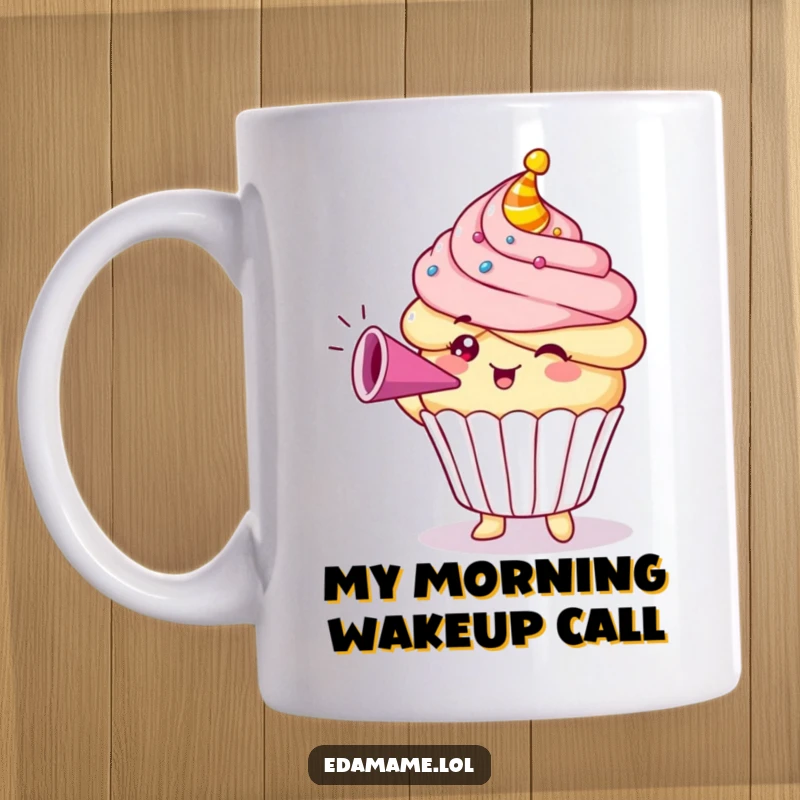 Funny Cupcake Mug with a cheerful expression blowing a loud party horn, celebrating joyfully, ideal as a funny office gift.