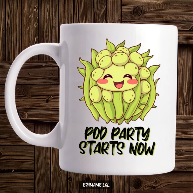 Funny edamame cluster mug with smiling beans wiggling excitedly, perfect for a humorous and cheerful kitchen accessory.