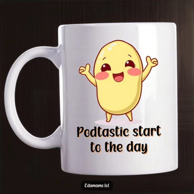 Funny mug with a beaming edamame pod character performing an energetic victory dance, radiating pure joy and celebration, a great gift.