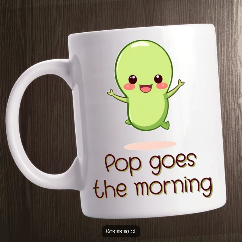 Funny happy edamame bean mug, a cheerful edamame pod jumping open, energetic and humorous design.