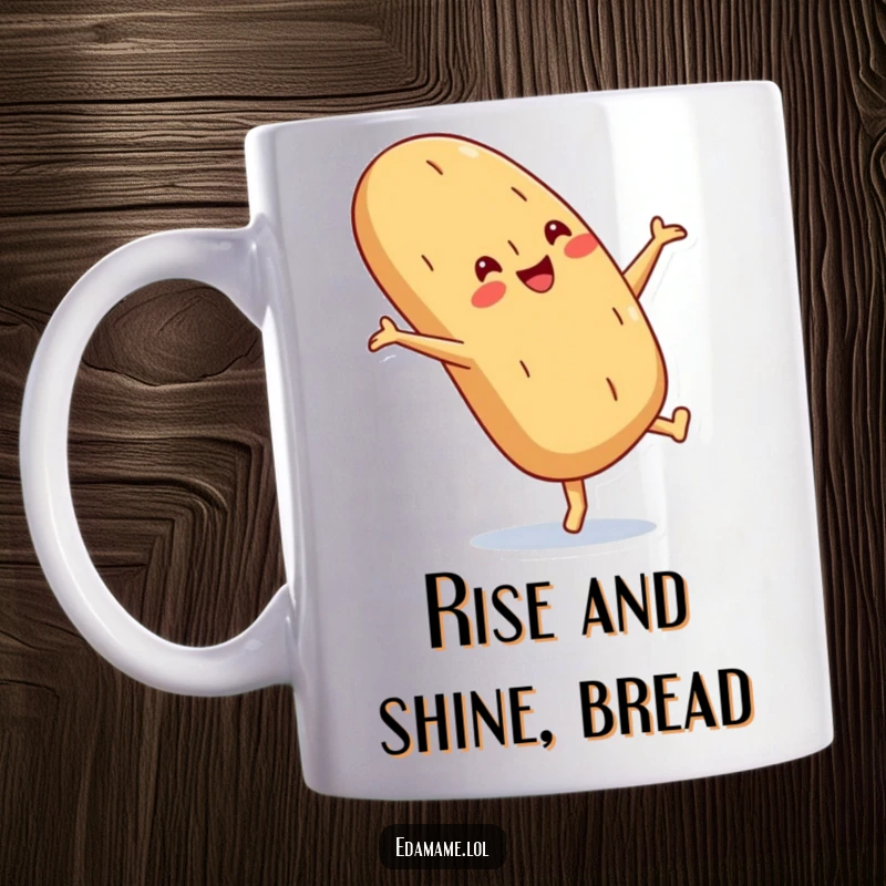 Funny Baguette Mug with a crusty smile doing a cartwheel, a joyful and energetic baked good design.