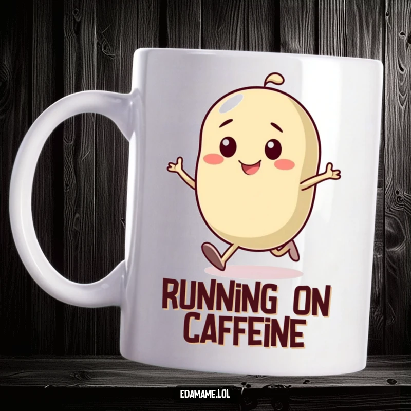 Funny mug featuring a smiling bean character with a determined expression, running with focus and a sense of purpose.