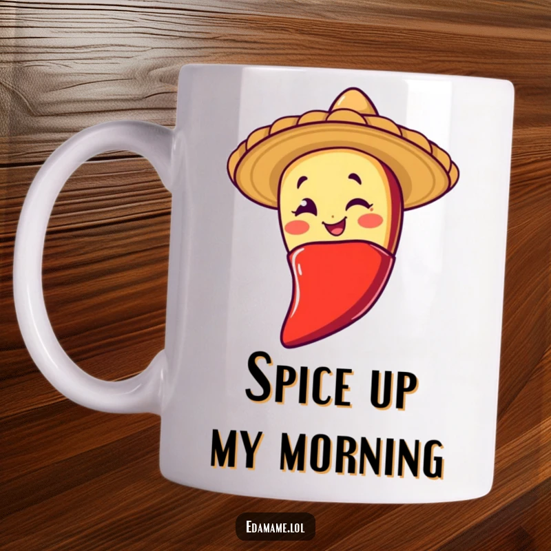 Funny mug featuring a winking taco character in a sombrero sliding down a chili pepper, showing a zesty and adventurous mood.