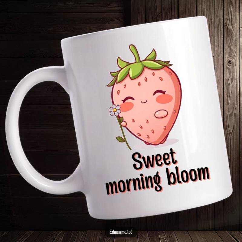 Funny Strawberry Mug: A sweet, blushing strawberry character holding out a tiny delicate flower with a shy smile.