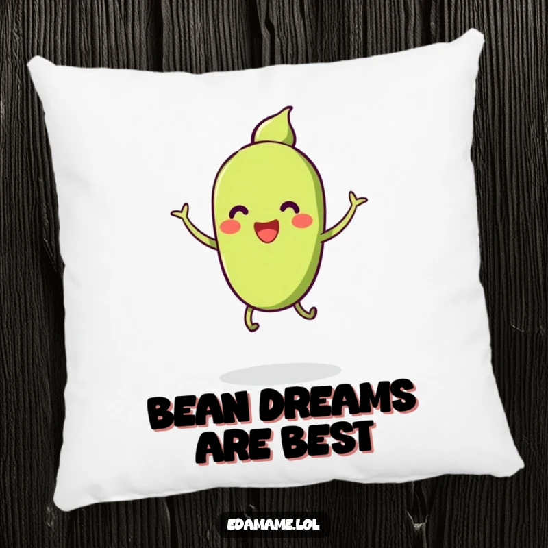 Funny pillow showcasing a pod of smiling edamame with tiny legs, doing a cheerful jump, offering comfort and playful energy.