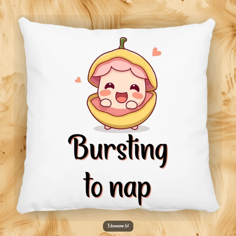 Funny happy edible bean pod splitting open with excitement, on a soft and plush pillow. Adds humorous comfort to any room, great funny gift.