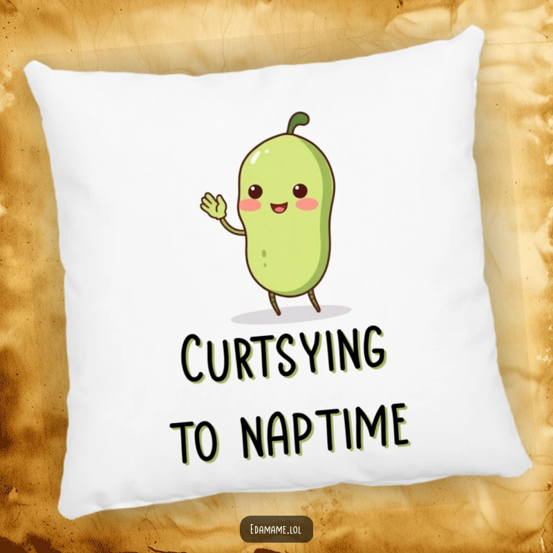 Funny wobbly edamame pod with stick legs doing a comical curtsey, on a soft pillow for a quirky and funny decorative accent.