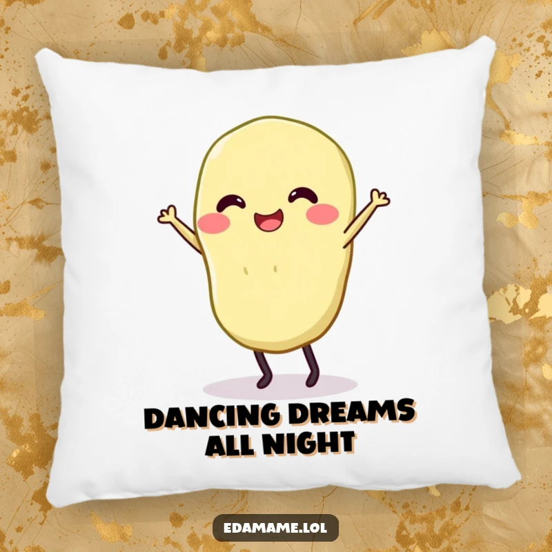 Funny pillow with a smiling edamame on legs dancing happily, soft and humorous home decor.