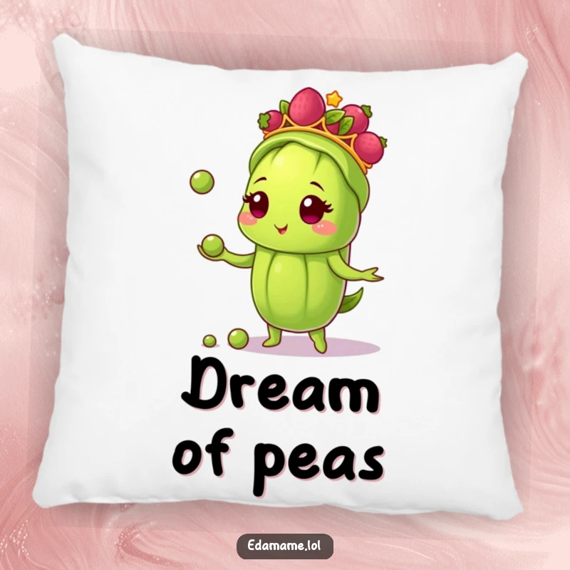 Funny pillow featuring a cute edamame pod in a berry tiara, juggling small peas, adding soft comfort and a playful touch.