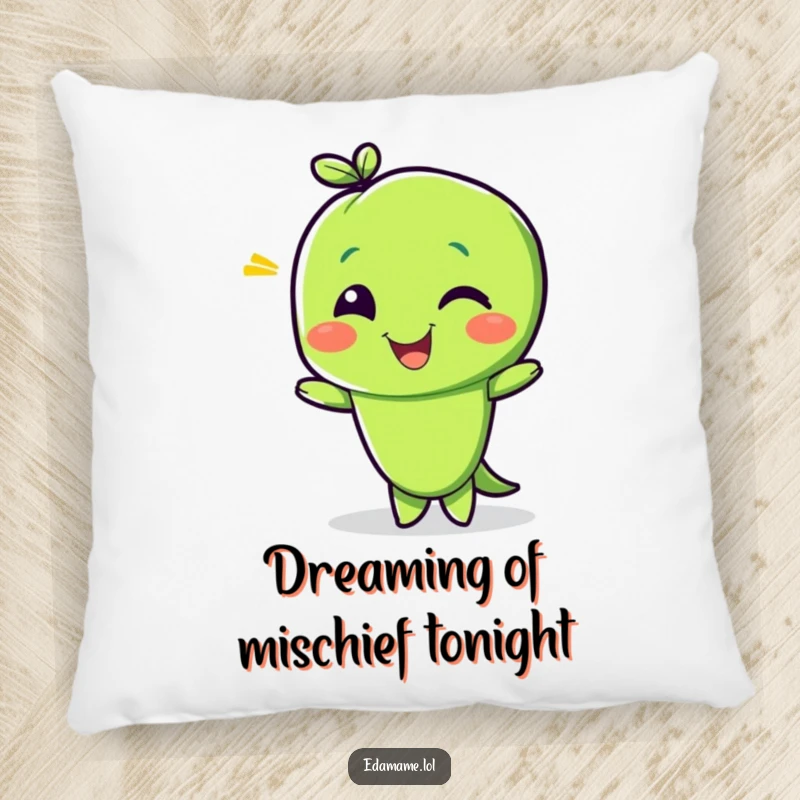 Funny decorative pillow with a delighted edamame bean character giving a playful wink, offering comfort and a touch of mischievous charm.