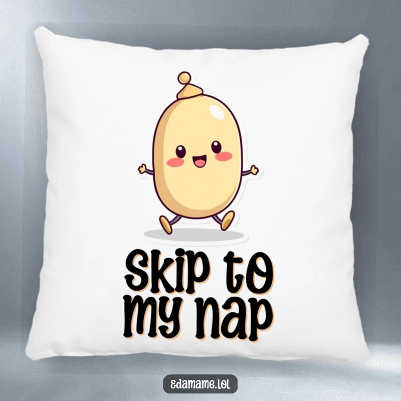 Funny Pillow: A soft cushion featuring a cheerful bean character with a tiny hat, happily skipping, offering comfort with a humorous touch.