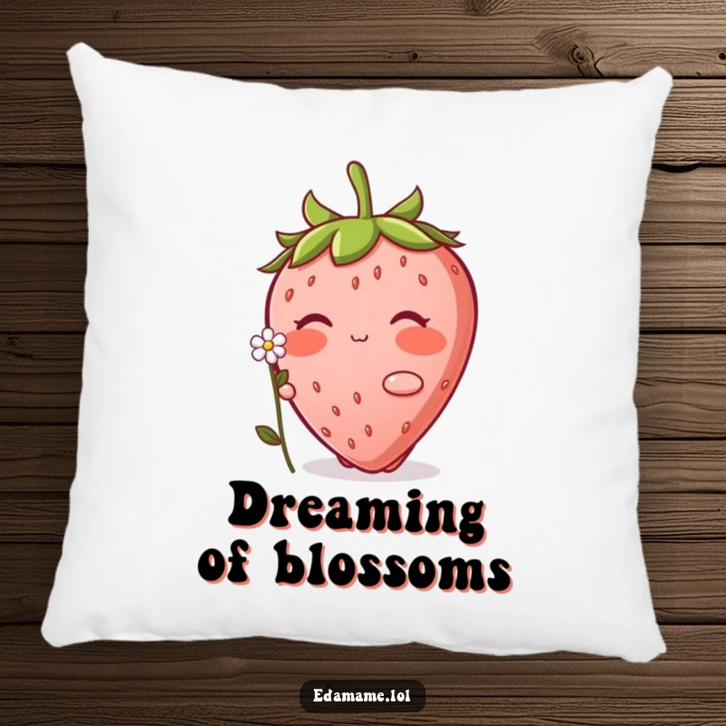 Funny Strawberry Pillow: A soft, comfortable pillow featuring a blushing strawberry character offering a tiny flower with a sweet expression.