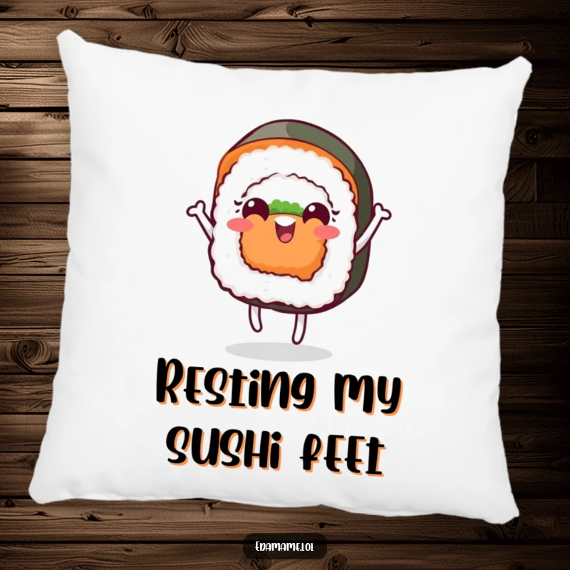 Funny decorative pillow featuring a cheerful sushi roll with a face dancing playfully, offering comfort and a whimsical food-themed aesthetic.