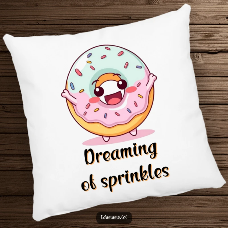 Funny pillow featuring a delighted donut character with sprinkles, bouncing joyfully, ideal for adding comfort and humor.