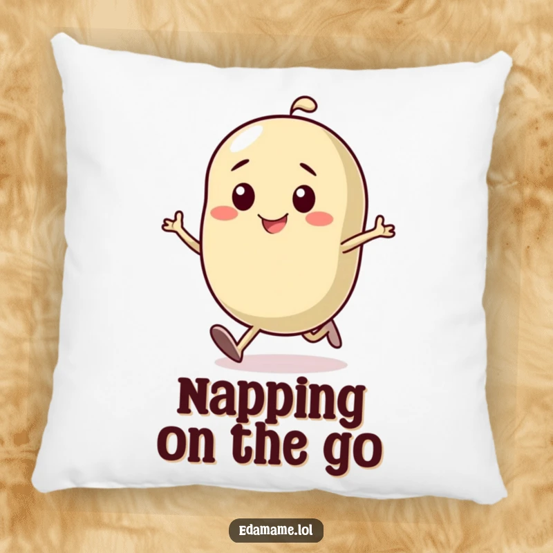 Funny pillow featuring a determined bean character running with a smile, offering comfort and a dose of humorous, motivational charm.