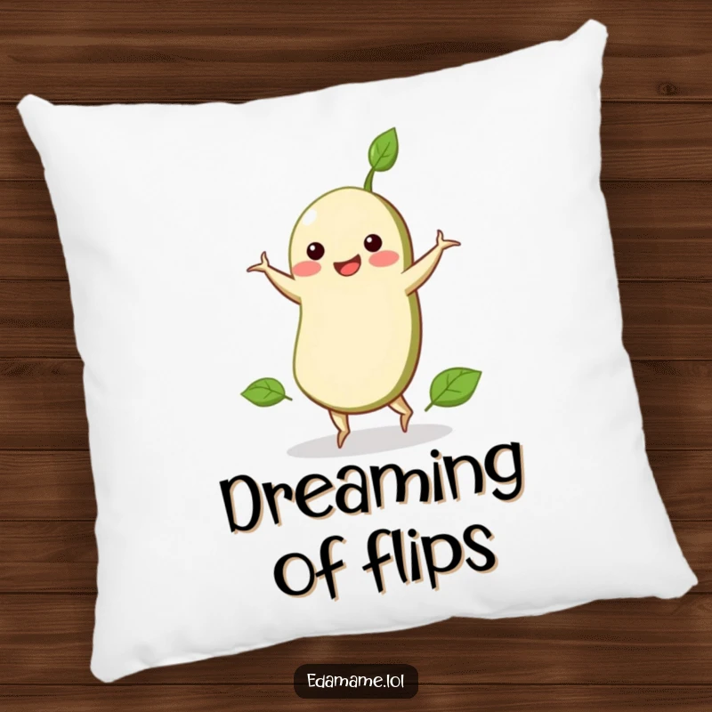 Funny pillow featuring a smiling edamame bean in a cartwheel pose, bringing softness and humor to any seating area.