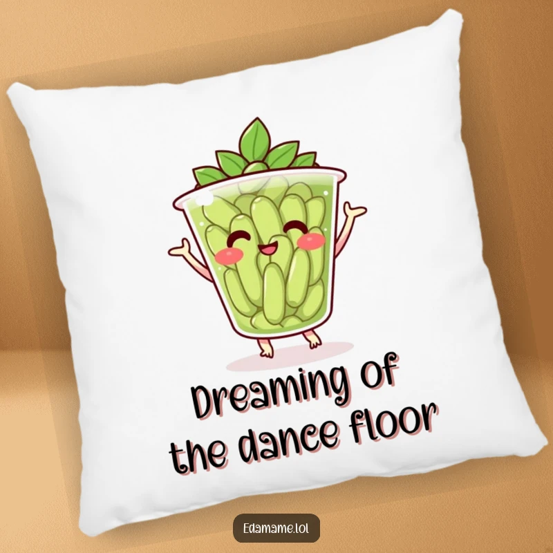 Funny pillow with a cheerful cup of edamame in a lively dance pose, perfect for adding comfort and humor.