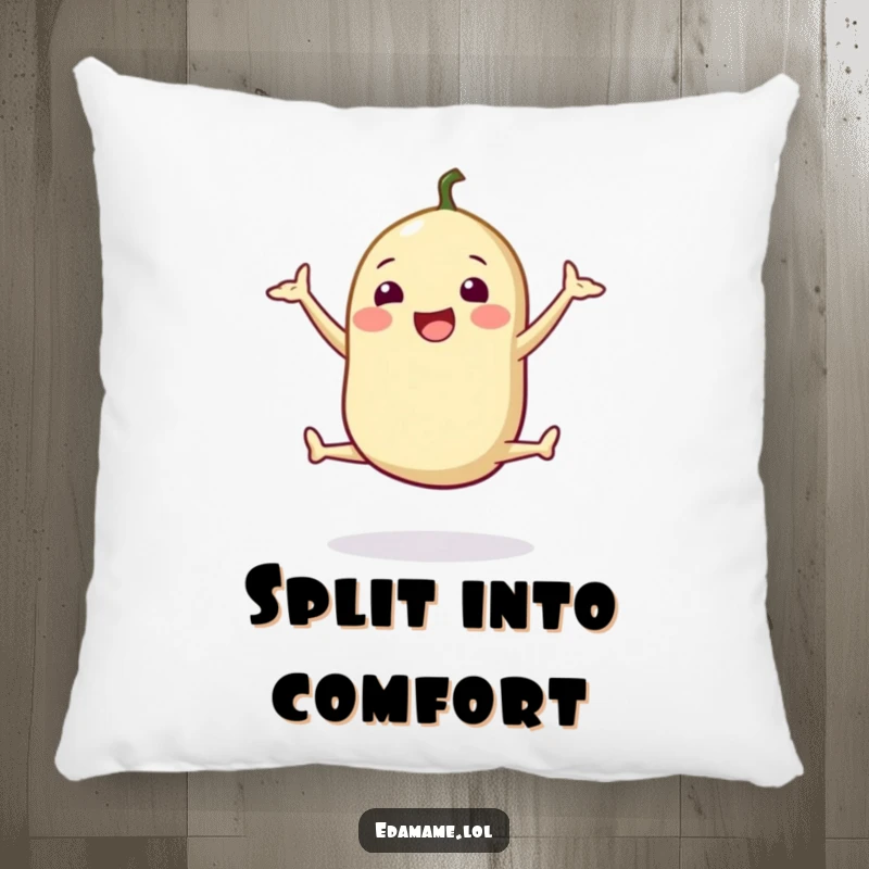 Funny pillow featuring a happy edamame pod doing a cheerful split jump, offering cozy comfort and energetic charm.